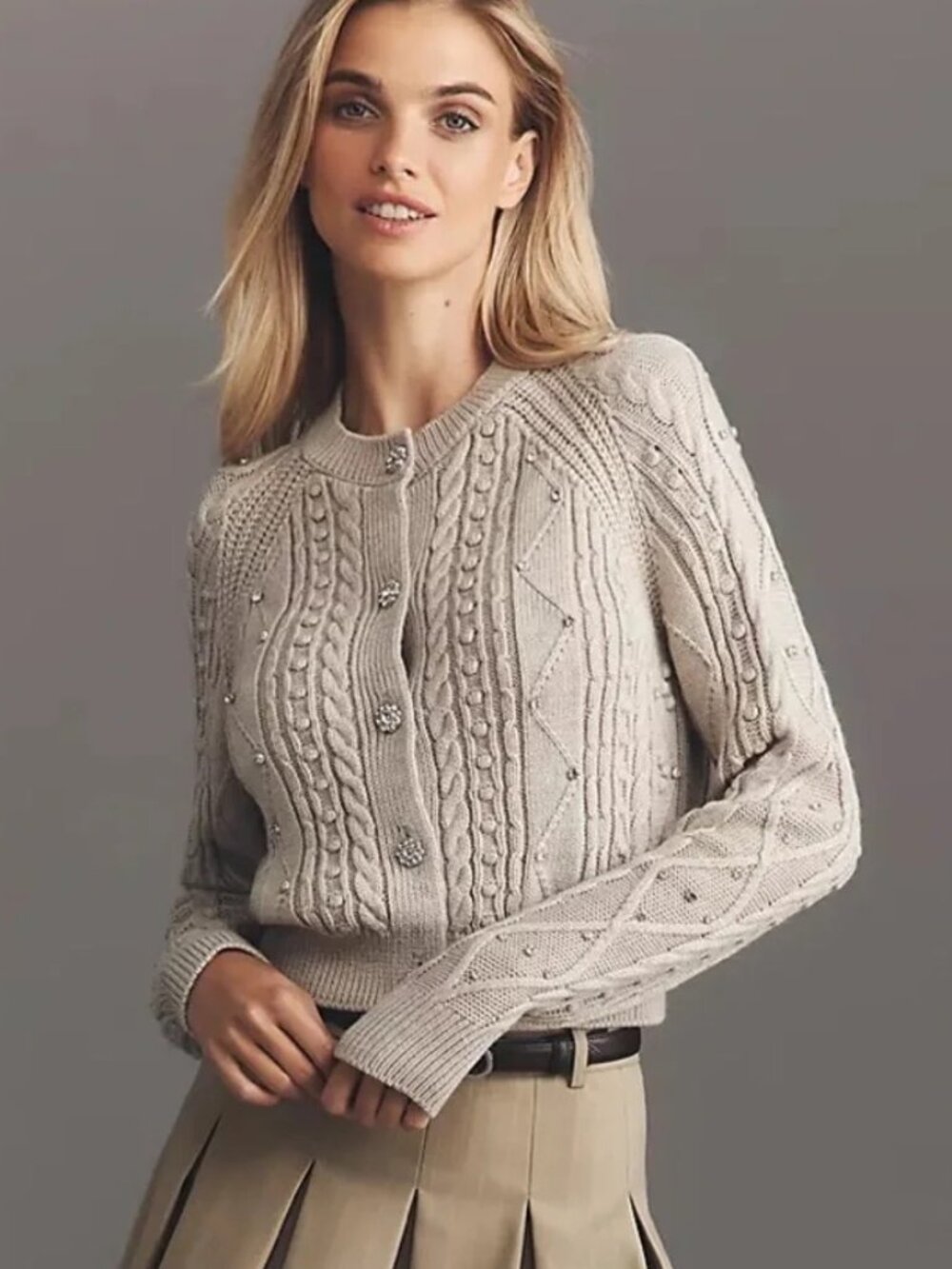 Anthropologie Maeve Gem-Embellished Cable-Knit Cardigan Sweater L $128 NWT
